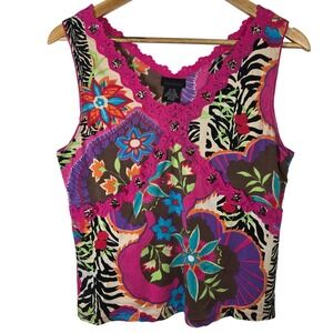 Dolcetti Womens XL Sleeveless Patchwork Floral Zebra Print Beaded Tank Top Y2K